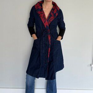 Reborn Denim Wrap Coat Dress with Red Leaf Lining